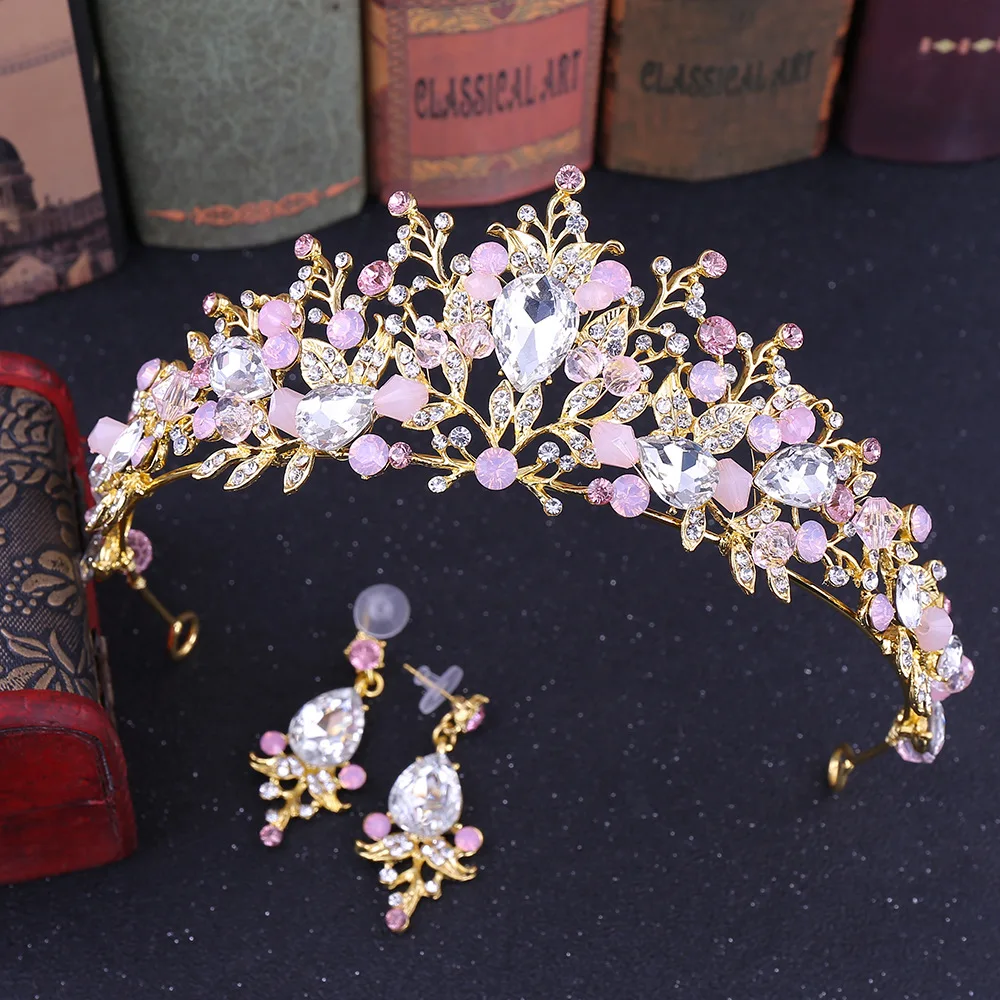 Pink Crystal Tiaras And Crowns For Women Bride Pink Rhinestone Prom Diadem Crown Tiara Bridal Wedding Hair Accessories Jewelry