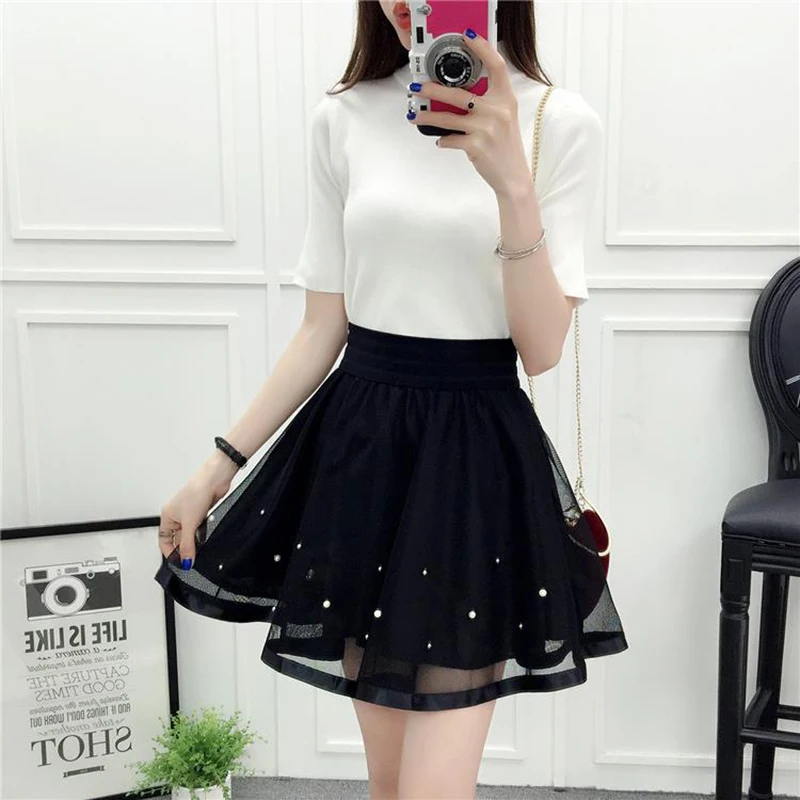 Mini Skirts Women Elegant Cute Black A-Line Korean Fashion Streetwear Skirt A Line Mesh Elastic Tulle Pleated Lolita Skirt