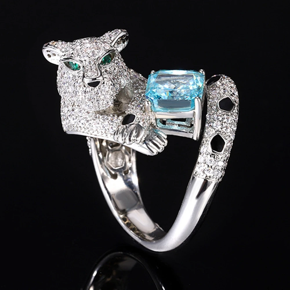 Ice Flower Cut 8mm Lab Papalacha Aquamarine Blue Color Gem Stone Purple High Carbon Diamond Leopard Rings Women Panther Jewelry