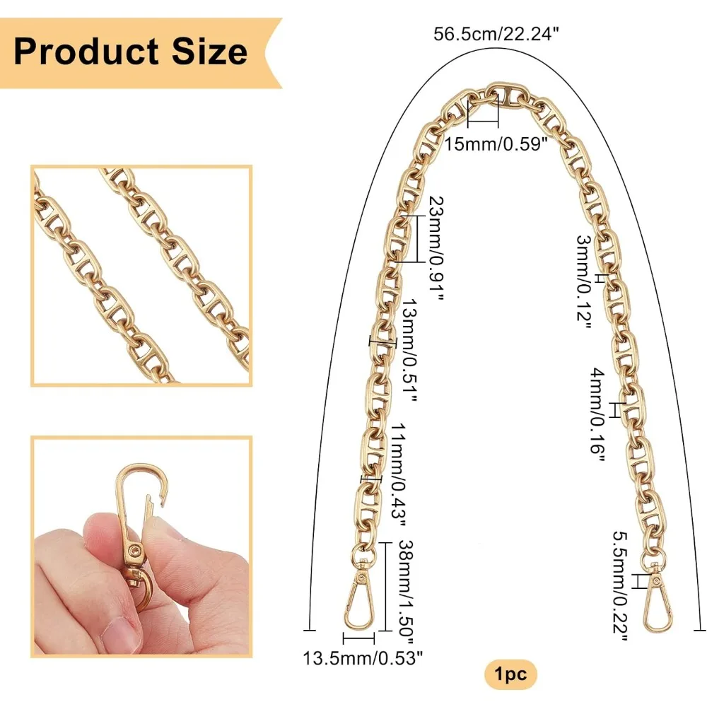 22.2” Vintage Handbag Chain Straps Golden Purse Strap Chunky Metal Chains Flat Chain Strap with Alloy Swivel Clasps for Handbag