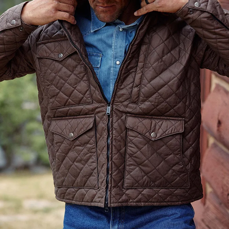 Autumn And Winter New Men's Rhombus Padded Jacket, Retro Cotton Clothes With Pockets And Lapels