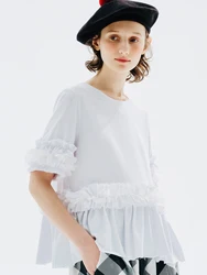 imakokoni white mesh lace round neck short sleeve T-shirt women's summer 2023 new loose thin model 234195