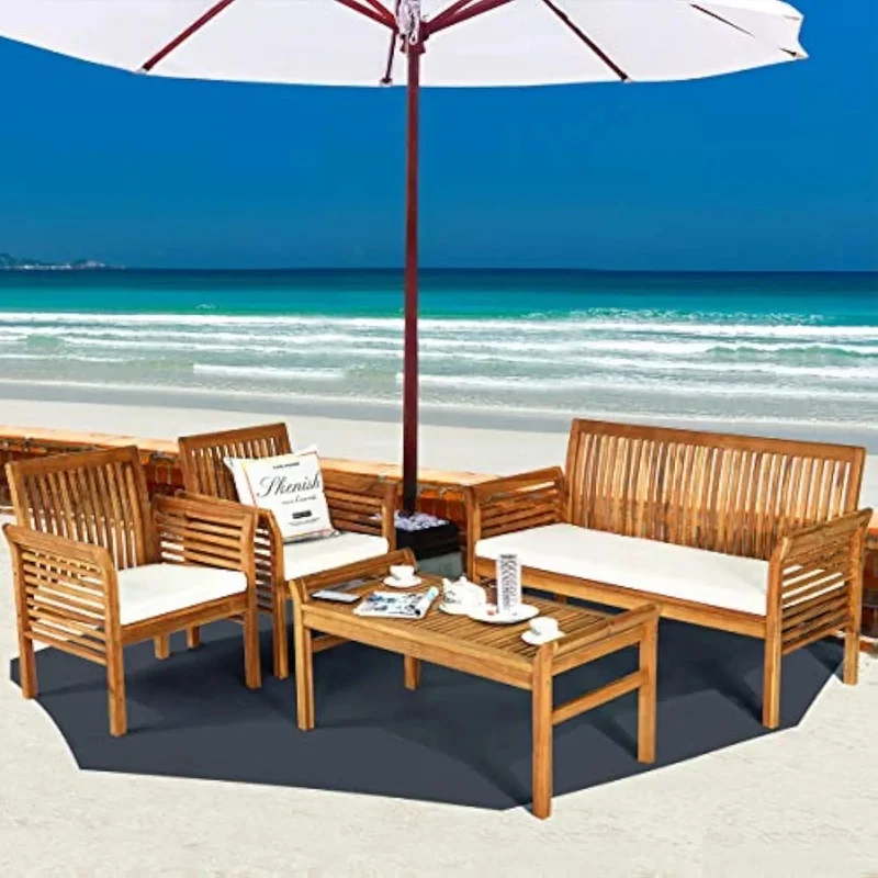 

4-Piece Outdoor Acacia Wood Sofa Set with Water-Resistant Cushions, Padded Patio Conversation Chairs and Coffee Table