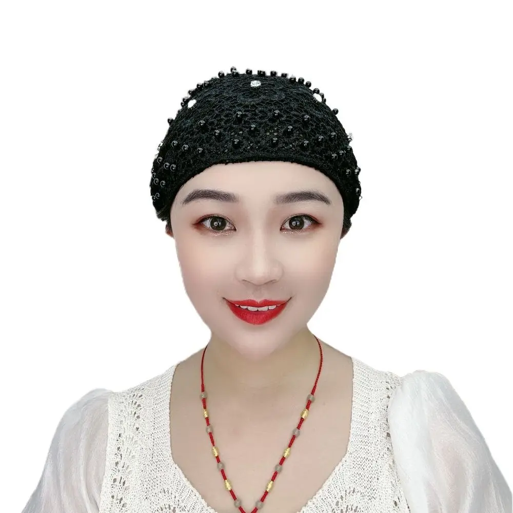 Fashion Flowers Baotou Hat Embroidery Beaded Prayer Hat Lace Summer Muslim Cap Women