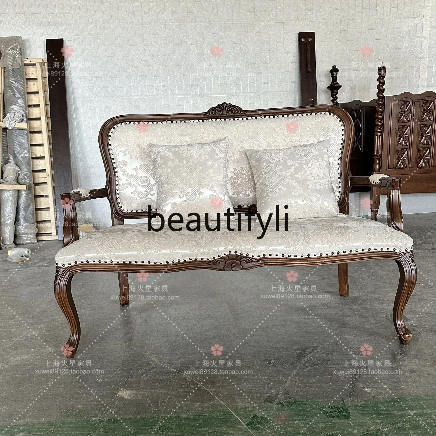 D178  French antique style solid wood carving flower double sofa retro fabric reception leisure chair
