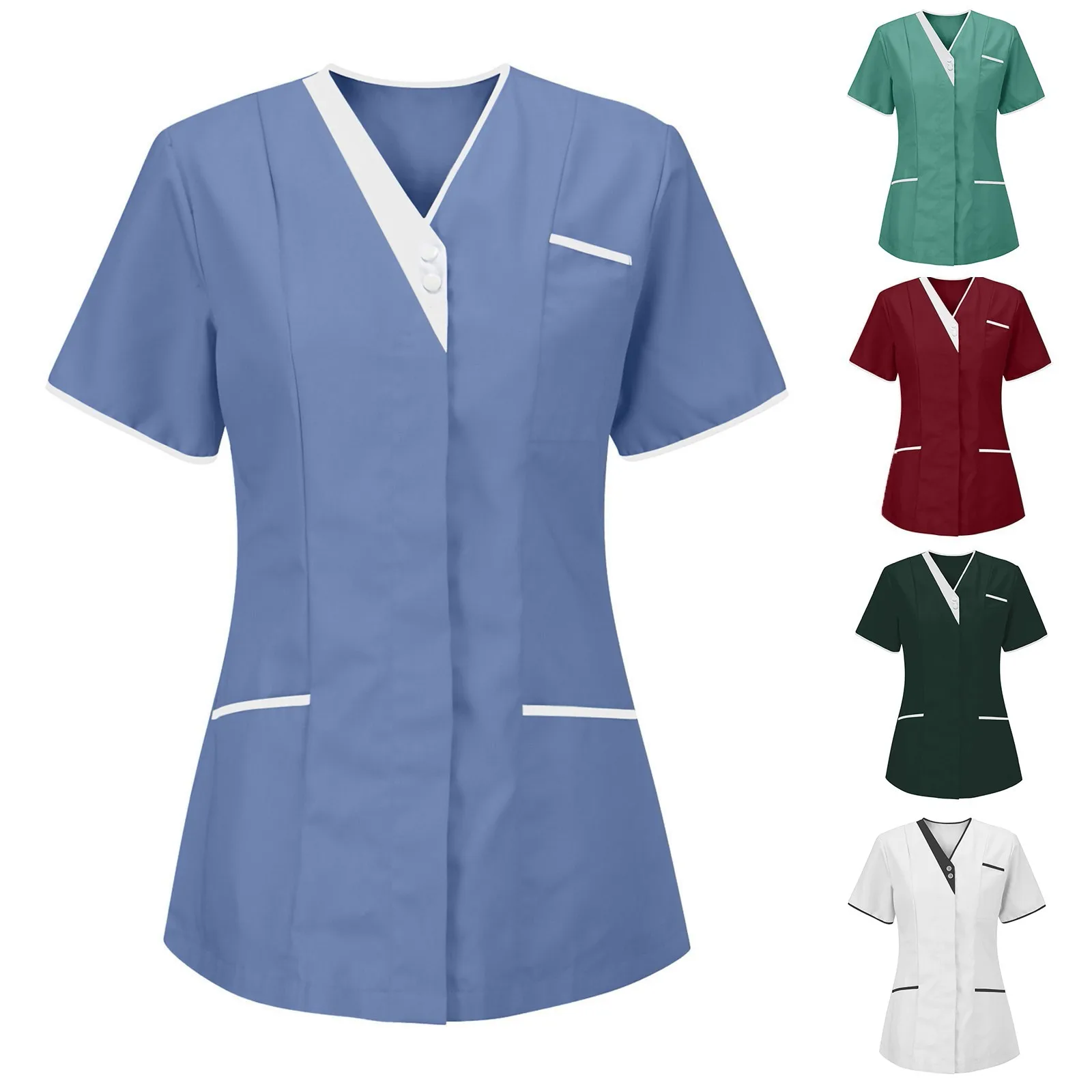 Plus Size 3XL Women Short Sleeve Scrub Tops Solid Nurse Uniform Pocket Care Workers T-Shirt Tops Clinic Beauty Salon Scrub Tops