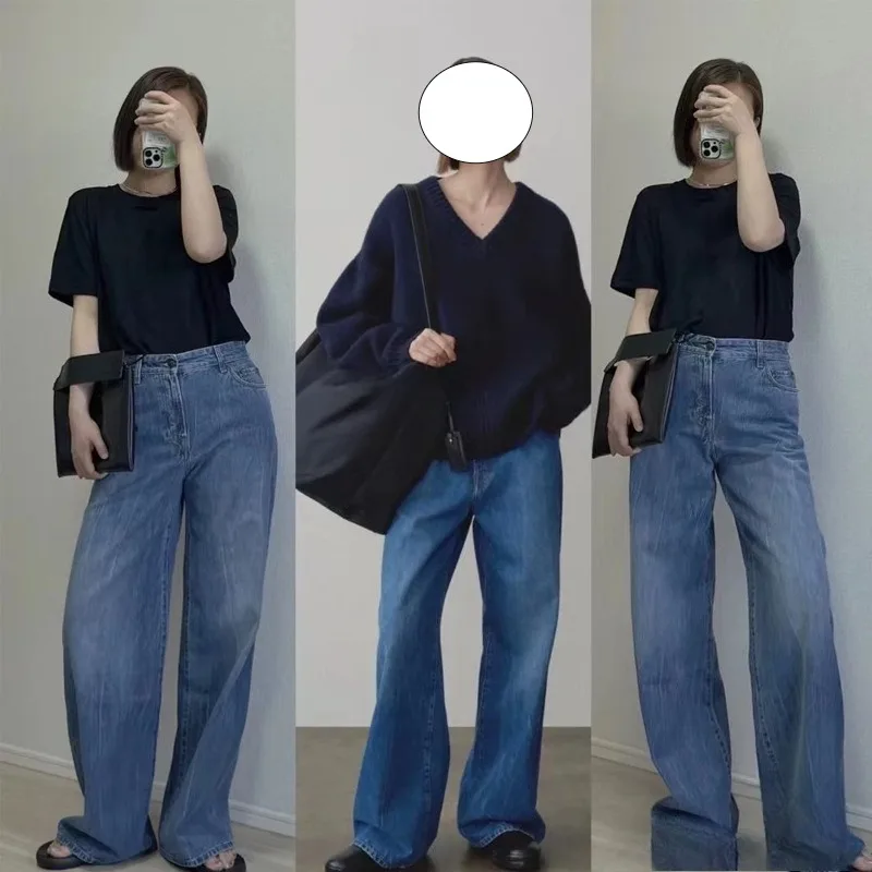 

LUXURY Heavy Weight Jeans for Women, Retro Washed Blue, Pure Cotton Wide Leg Pants, Casual Minimalist Style
