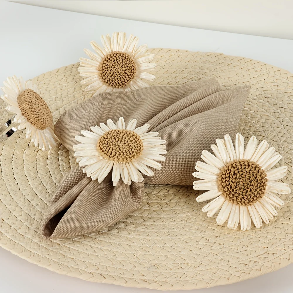 12Pcs Handmade-Style Artificial Raffia Grass Sunflower Napkin Ring - Elegant Table Decor for Weddings, Banquets, Home Dining