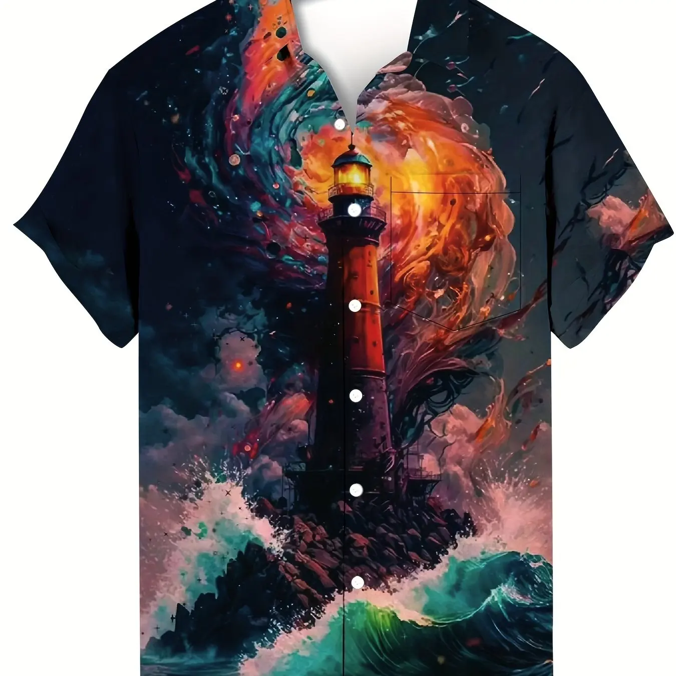 Plus Size Men's 3D Lighthouse Print Shirt Short Sleeve Shirt, Men's Tops