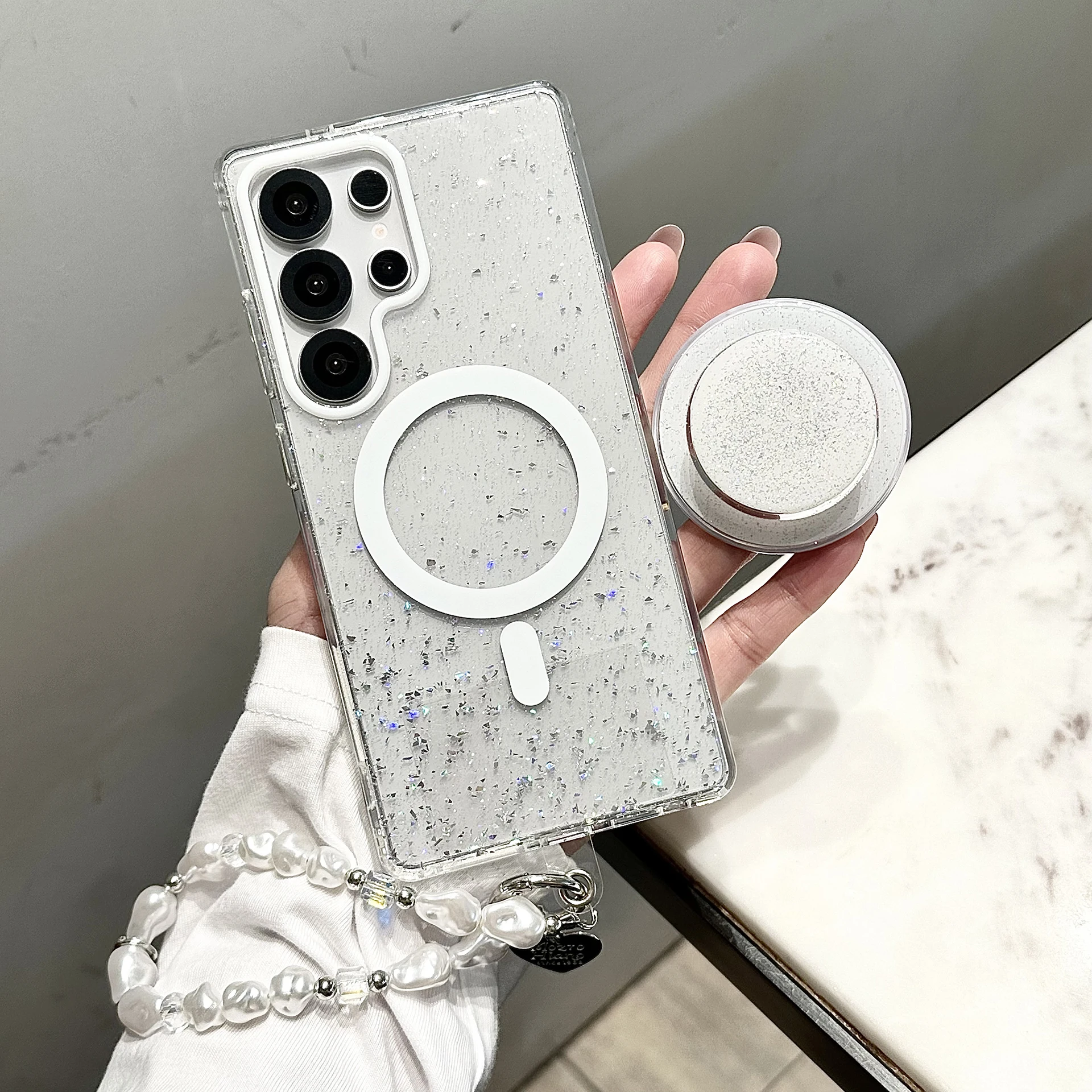 

Back Cover For Samsung Galaxy S26 S25 Ultra S24 Plus S23 Case Silver Glitter Bracket Magnetic Attraction Wristband Chain Cover