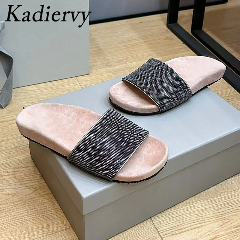 Summer Slippers Women String Bead Chain Suede Leather Mules Shoes Women Peep Toe Slides Casual Comfort Flat Slippers Woman