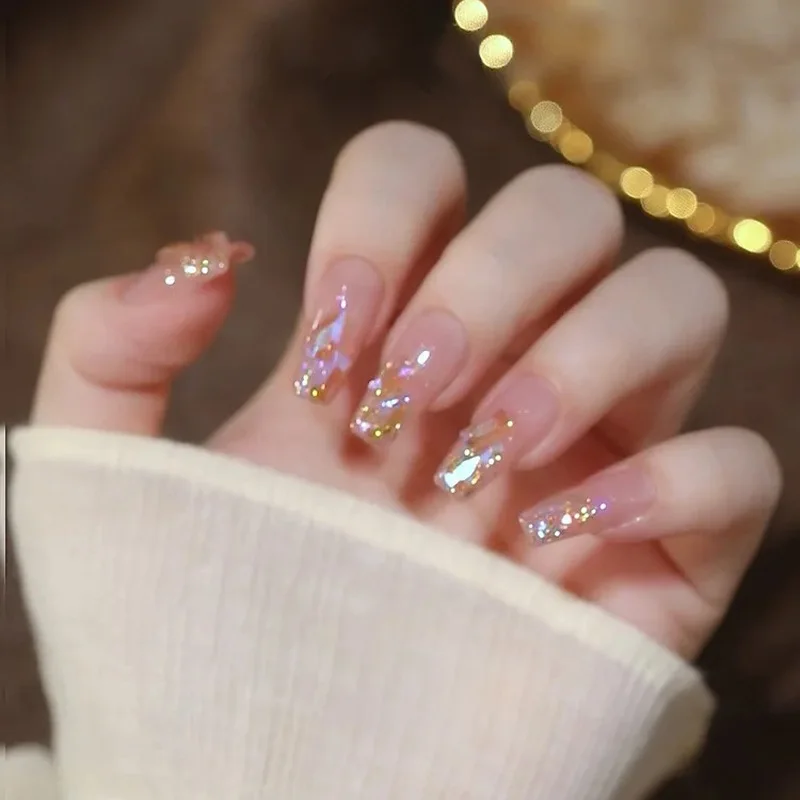 24Pcs Aurora Diamond False Nail For Women Sweet Style Pink Finished Fake Nails Removable Press On French Nail Sticker