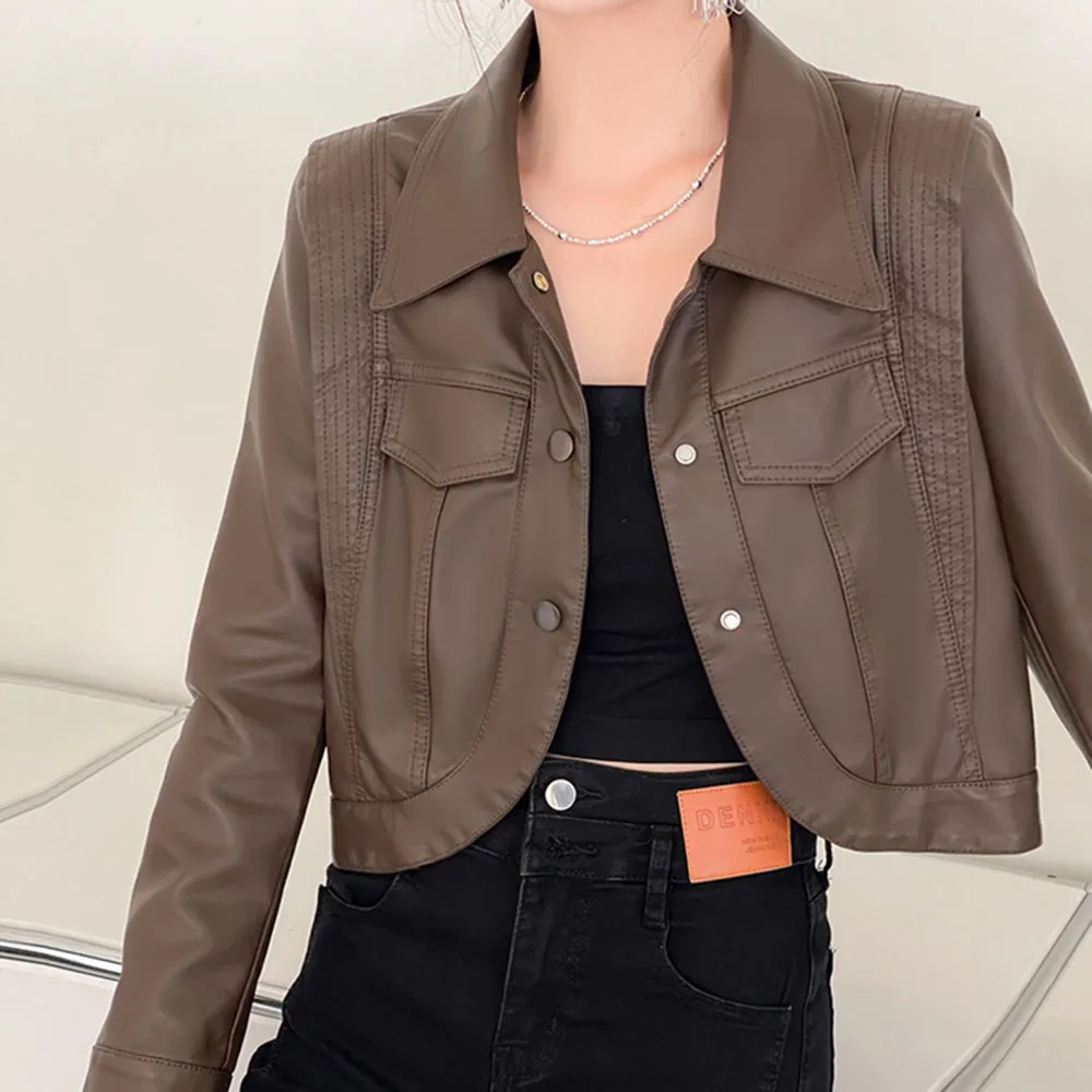 

Women Black Short Faux Leather Jacket Khaki Long Sleeve Crop Tops Coat Fashion Irregular Arc Hem 2024 Ladies Elegant PU Outwear