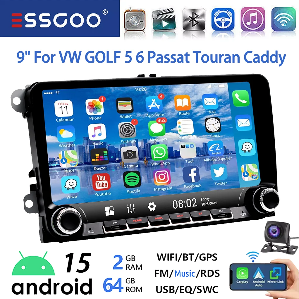 ESSGOO Android 15 9 inch 64GB voor VW GOLF 5 6 Plus Touran Caddy Draadloze Carplay Autostereo Radio GPS NAVI WIFI SWC RDS BT USB Type-C
