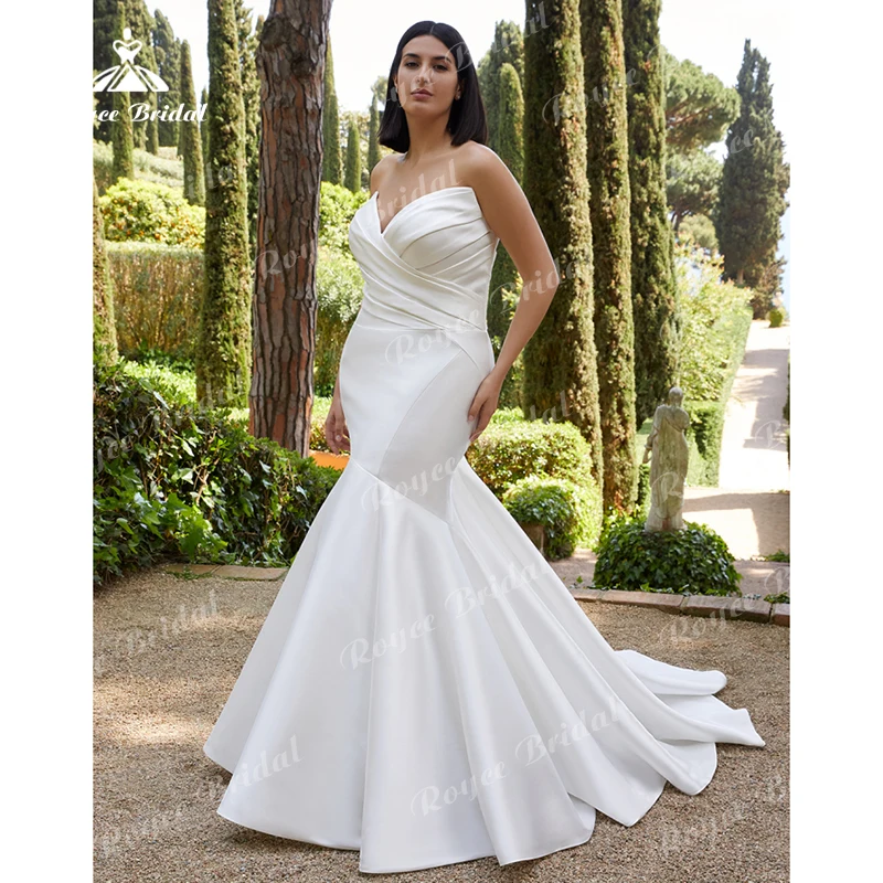 Vestido de noiva de sereia simples para as mulheres vestidos de noiva sexy com decote em v sem mangas voltar botão plissado cetim varrer robe de mariée mais tamanho