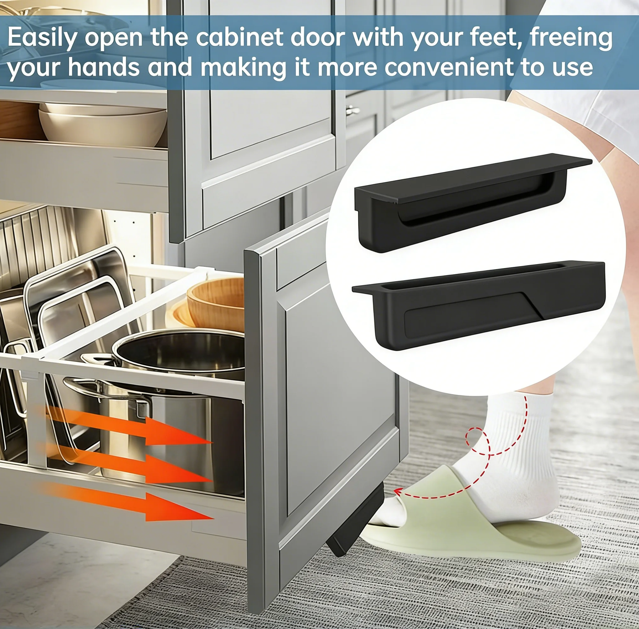 1 piece of cabinet bottom pull feet with adhesive and screws, hands-free toe puller for kitchen trash can drawer, 4 inches white