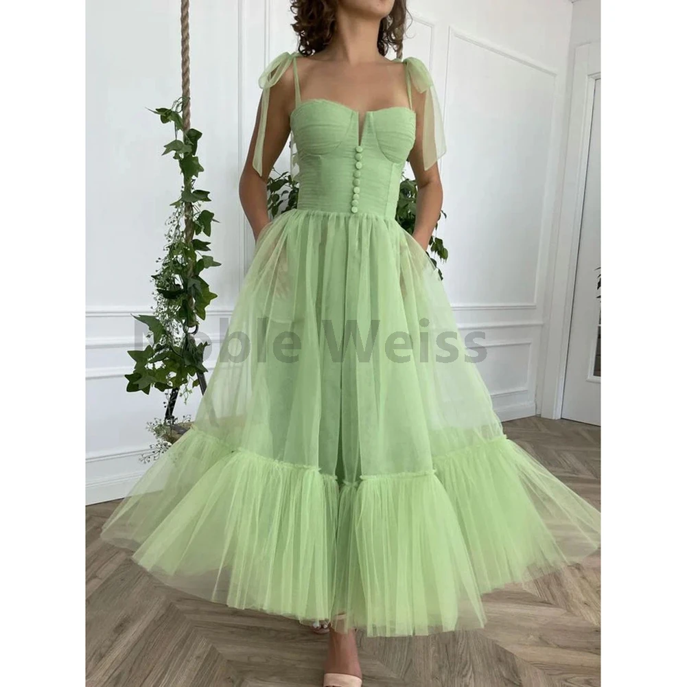 Halter Tea-Length Prom Dresses A-LINE Pleat Tulle Formal Gowns Customize