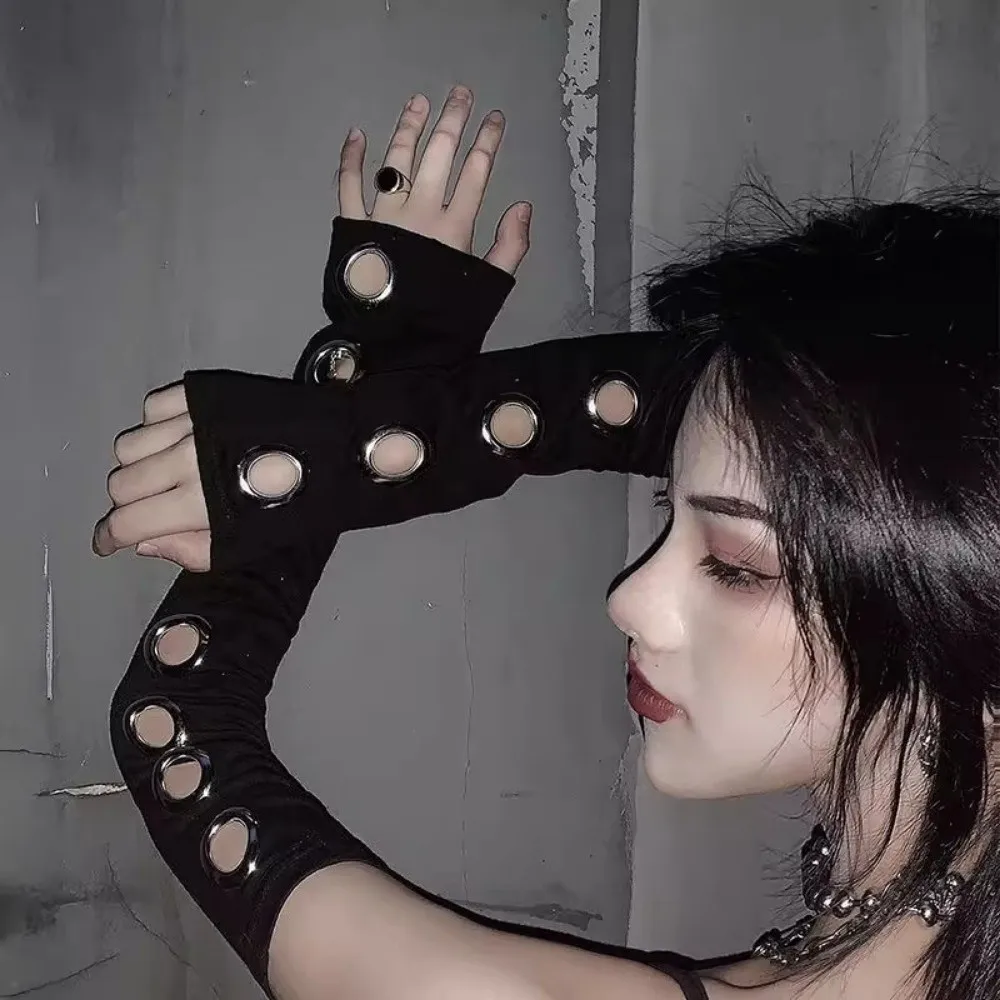 

New Gothic Fingerless Gloves Metal Rivet Buckle Street Dance Sleeves Black Punk Style Sleeves Stage Performance