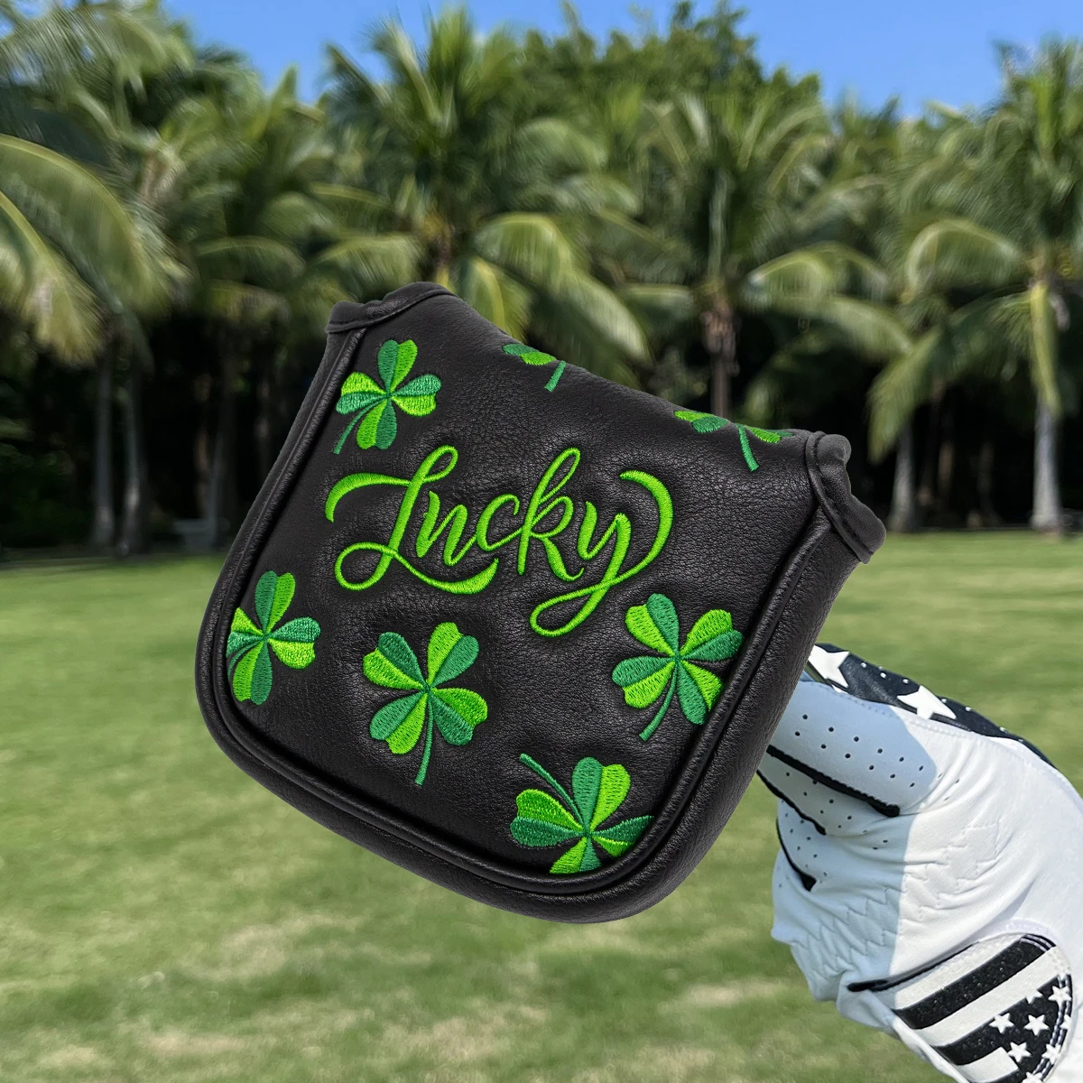 Golf Headcover with Square Heel Shaft, Mallet Putter Cover, Lucky Clover, Magnetic Closure,  Premium Leather Headcovers