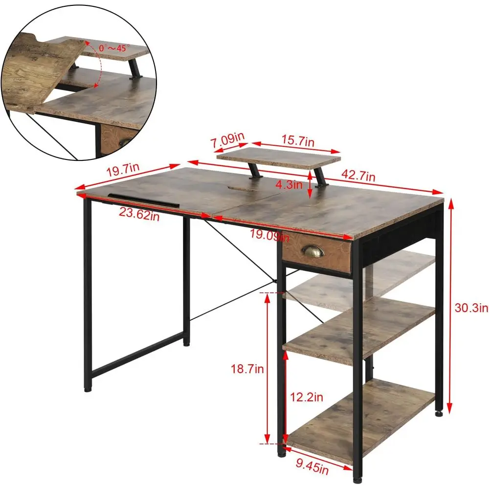 Adjustable 43 Art Desk with Storage Shelves and Drawer, Monitor Stand, Tiltable Drafting Table for Home Office, Artistic and Wri