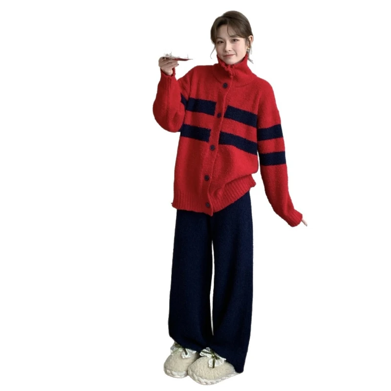2026 Four Seasons Hot Selling New Half High Collar Single breasted Warm Top and Pants Home Clothes Two Piece Set