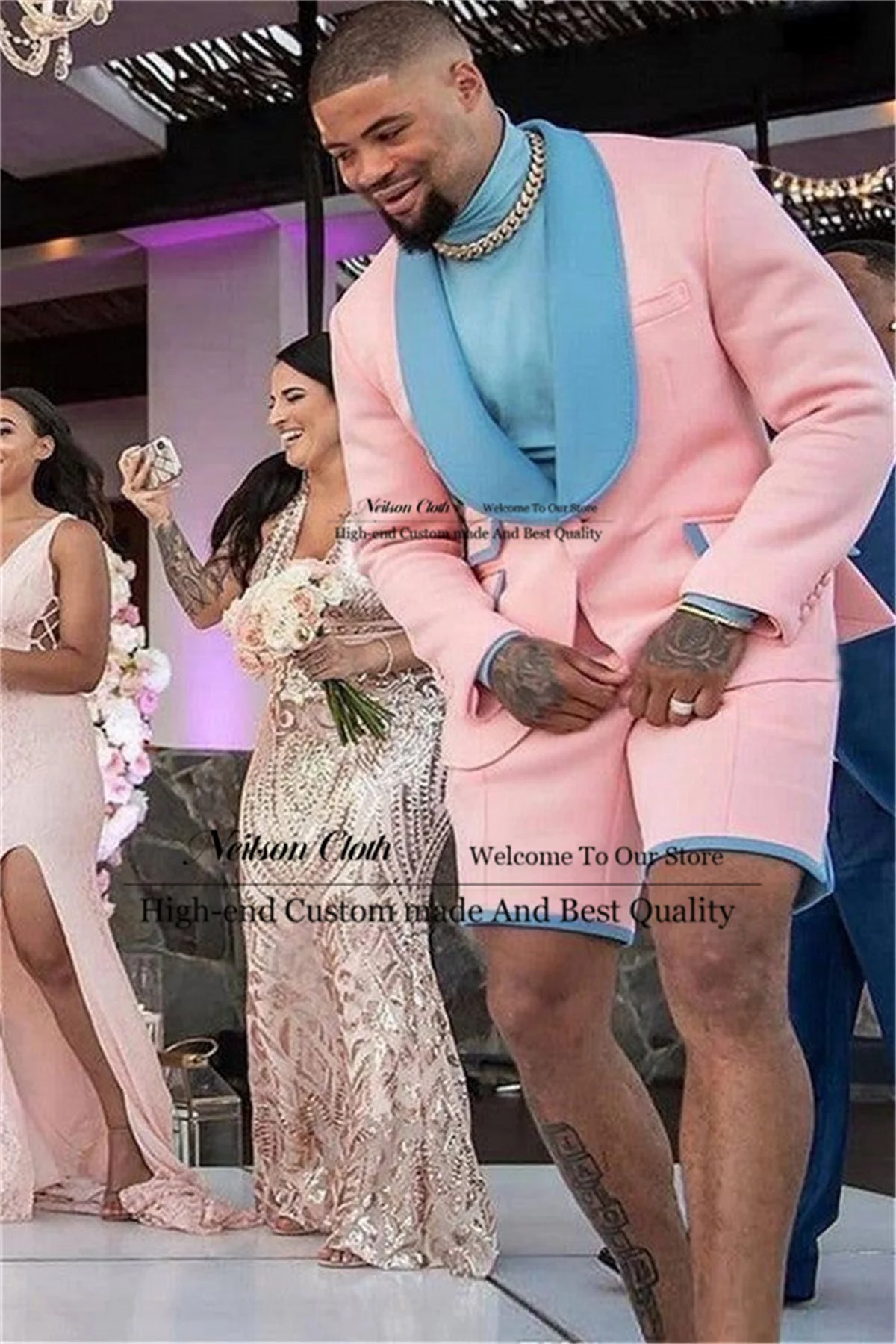 

Formal 2 Pieces Sets Male Prom Blazers One Button Pink Groom Wedding Tuxedos Short Pants Customized Shawl Lapel Costume Homme
