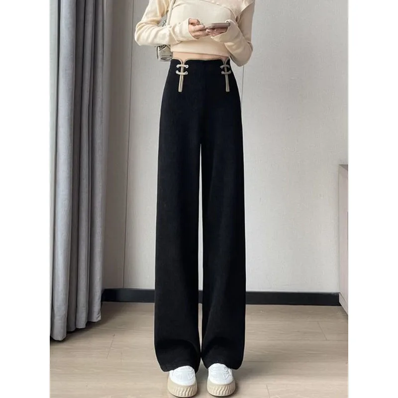 

Autumn Winter New Women's Plush High Waist Chinese Style Buckle Sagging Sensation Fashion Casual Loose Narrow Cut Wide Leg Pants