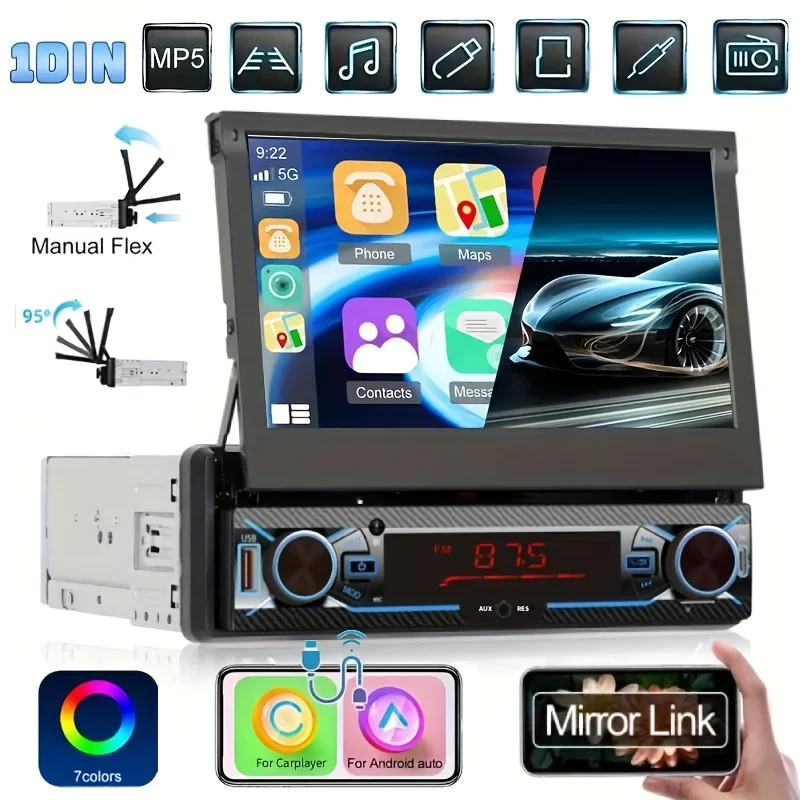 7'' Car Stereo Foldable 1Din Car MP5 Player with 12LED Backup Rear View Camera W/ Android Auto & Wired Carplayer And Mirror Link