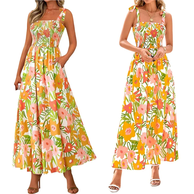 ABRT-robe longue smockée sans manches pour femmes, style Boho, bretelles Spaghetti, ligne A, robe de plage fluide, été