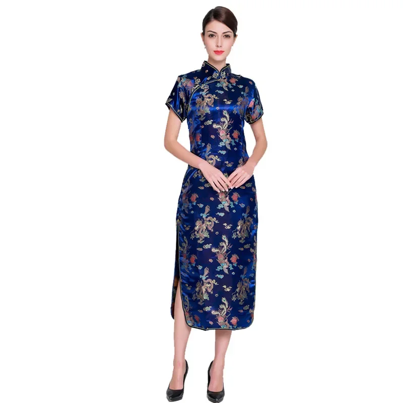 

Vintage Blue Chinese Ladies Traditional Cheongsam Prom Gown Dress Women Long Qipao Evening Party Costume Oversize 4XL 5XL 6XL