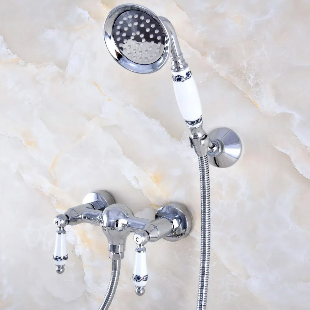 

Modern Silver Chrome Brass Wall Mount Bathtub Faucet with Handheld Shower Set +1.5M Hose Mixer Tap 2na781