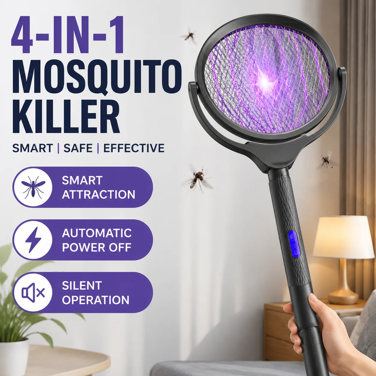 4-in-1 Electric Mosquito Killer USB Rechargeable Telescopic Foldable Wall-Mounted Mosquito Swatter for Indoor and Outdoor