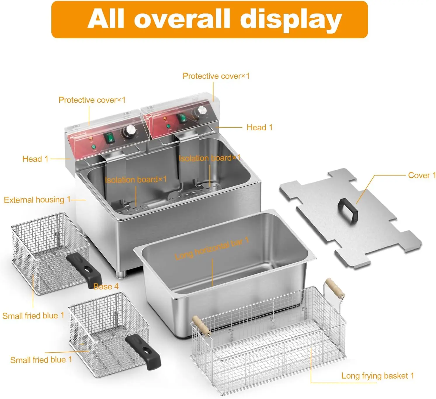 Electric Large Deep Fryer With 3 Basket 3600W Commercial Turkey Fryer Pot With Oil Filtration Lid 25QT Stainless Steel