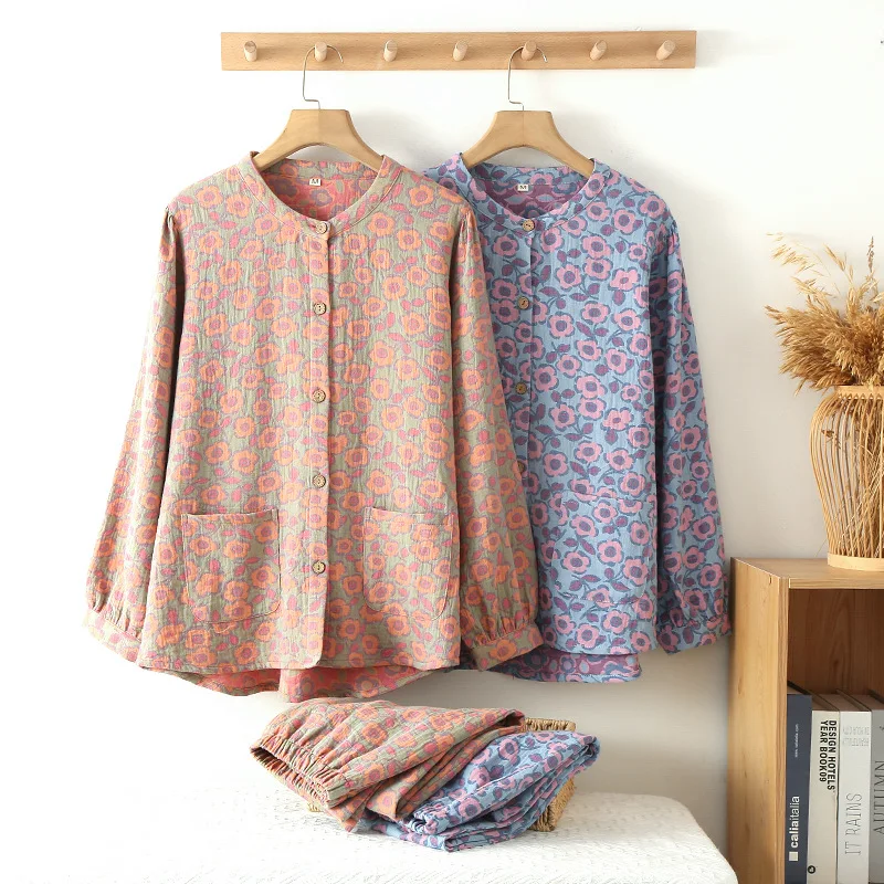 Autumn and Winter Cotton Flower Printing Women's Retro Style Small Flower Pajamas Set Long Sleeved Home Clothing Set