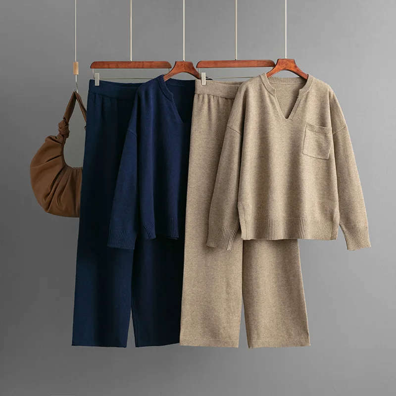 

2 Piece Sets Women Muslim Knitting Suit Sweater Wide Leg Pants Ensemble Knitted Top Trousers Pockets Knitwear Outfits 2025
