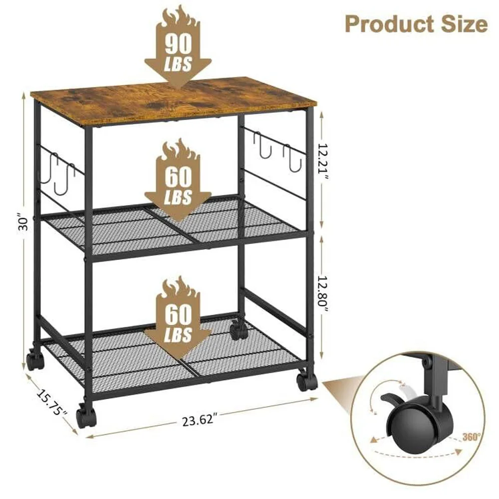 Rolling Kitchen Microwave Cart 3 Tier Table Stand with Storage Kitchen Utility Cart on Lockable Wheels Small Coffee Cart Shelf