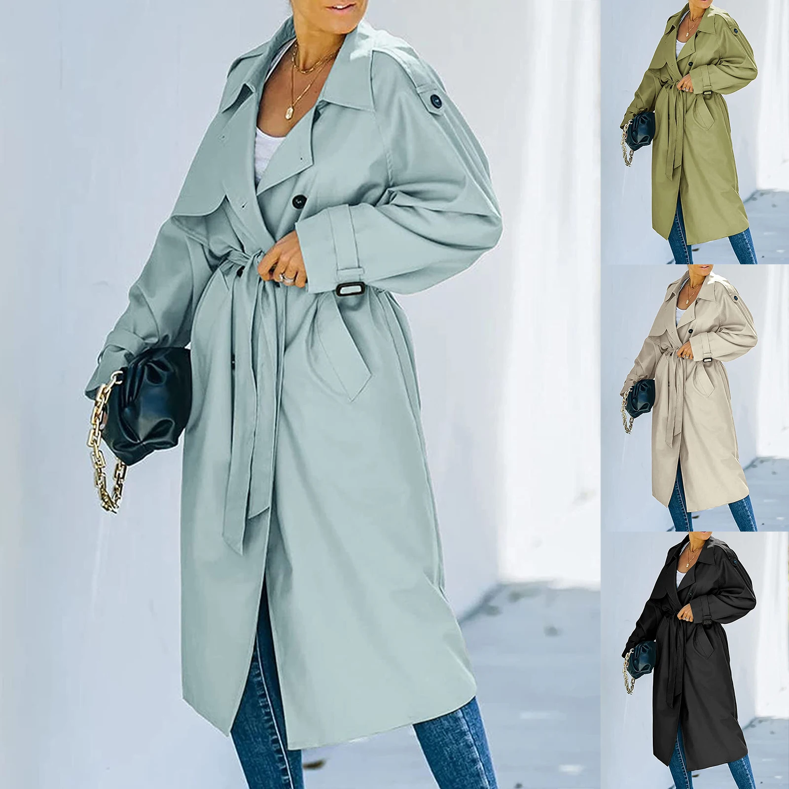 Women´s Double Breasted Long Trench Coat, Classic Lapel Long Sleeve Windproof Overcoat with Belt