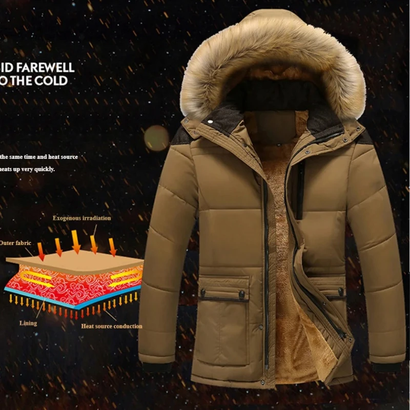

Plus 5XL Men's Winter Thick Fleece Jacket with Fur Collar Hooded Parkas Warm Casual Wool Lined Coat Men Windproof Parka Overcoat