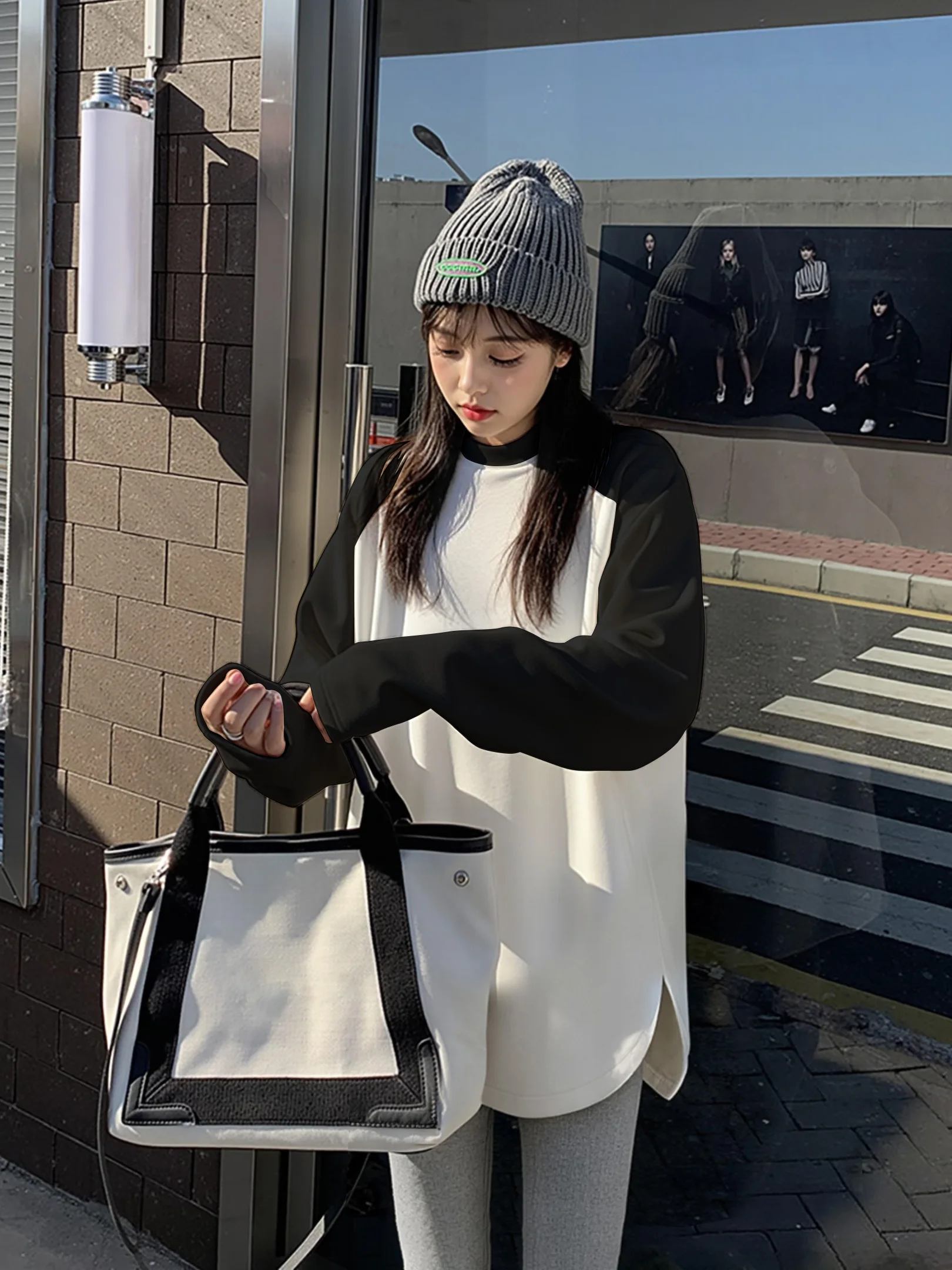 Retro Contrast Color Mid-Length Fleece-Lined Half-High Collar Women's Long Sleeve T-Shirt Shark Pants Butt Covering Top