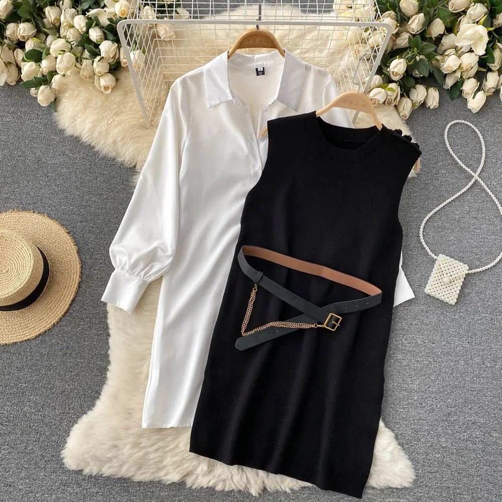 

Faionable Two-Piece Set Design Knitted Waist-Cinching White irt Dr And Vest Overlap Wear Polyester Fabric Winter 202