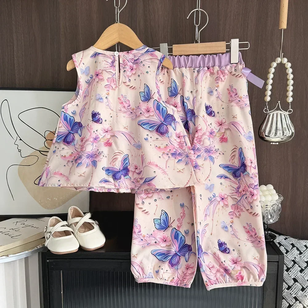 Children's Clothing Vacation Casual 2025 New Summer Girls Clothes Flower Butterfly Print Round Neck Vest and Pants 2-Pcs Sets