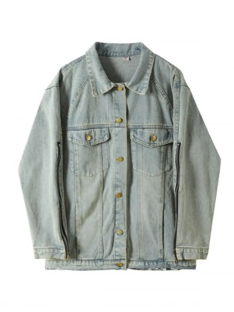 แจ็คเก็ตยีนส์สไตล์อเมริกันย้อนยุคสำหรับผู้หญิง ดีไซน์หลวม ใส่ได้ทั้งฤดูใบไม้ผลิและฤดูใบไม้ร่วง มีซิปอเนกประสงค์ แจ็คเก็ตทันสมัย ปกเสื้อแบบยาว สีพื้น