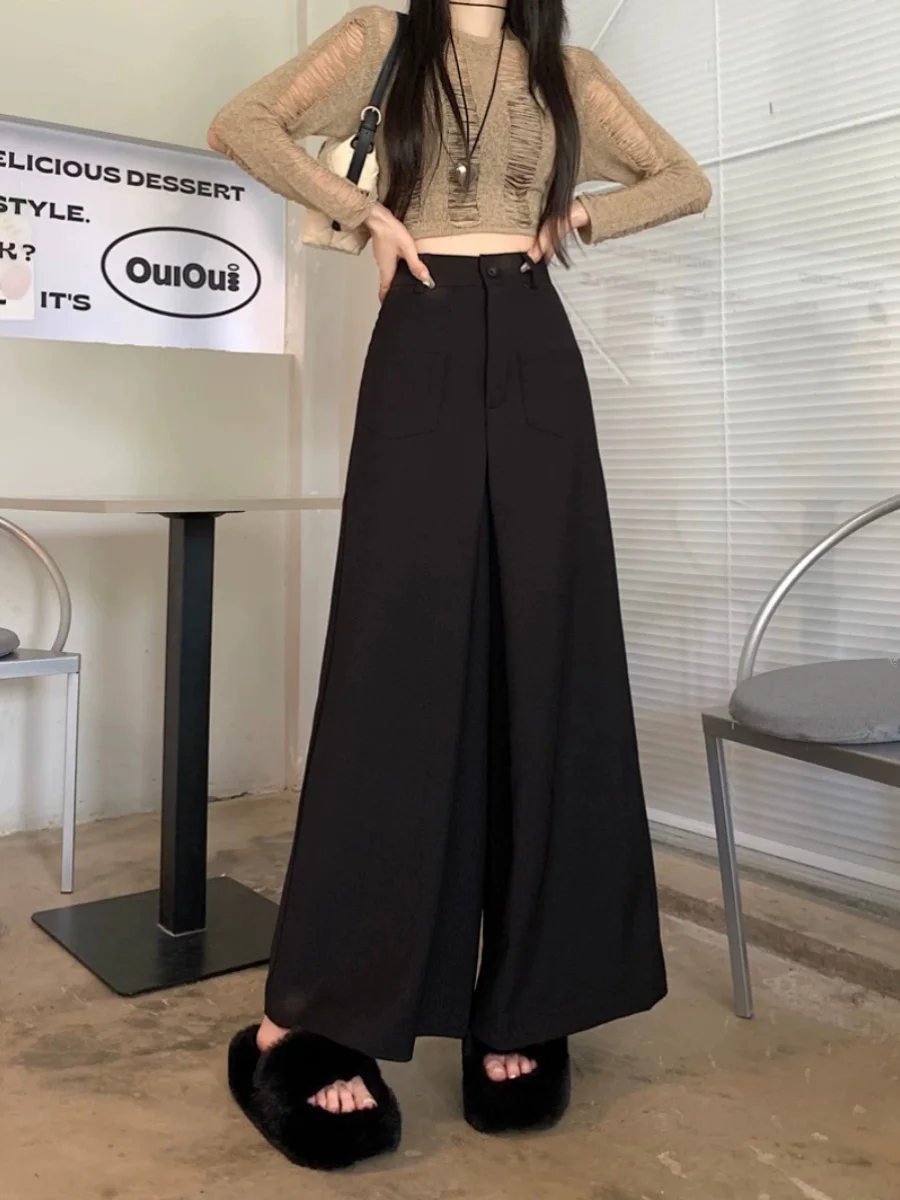 

High Waist Wide Leg Suit Pants Loose Casual Women's Spring Autumn 2024 New Floor Length Drapey Cotton Blend Trousers