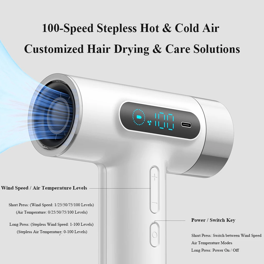 

Wireless hair dryer 100000RPMportable strong wind hot and cold air styling tool temperature control protection 18W fast charging