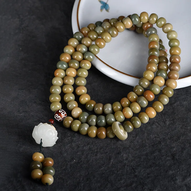 

White Jade Root With Luminous Lamp Bag Handmade Bracelet For Men And Women Handheld Bodhi Son Neck Hanger Wooden jewelry