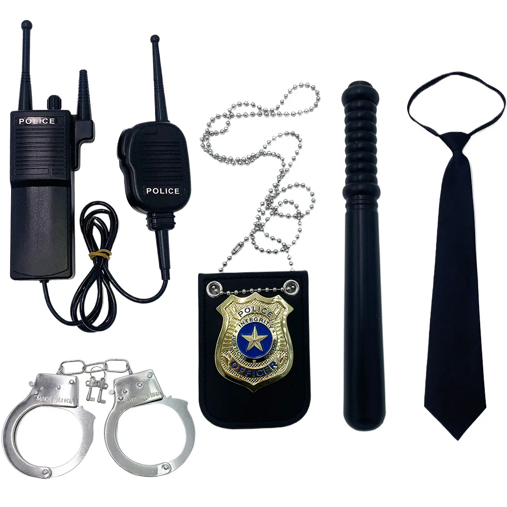 5 szt. Policyjne kajdanki, krótkofalówka, odznaka, zestaw rekwizytów, akcesoria do kostiumu policyjnego na imprezę świąteczną, cosplay