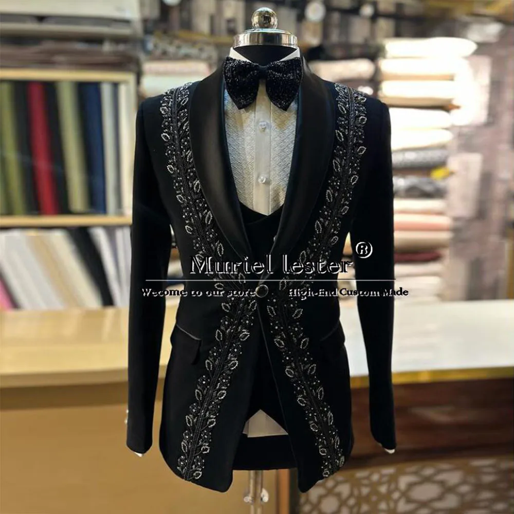 Man Exclusive Diamond Beaded Suits Slim Fit Single Breasted Jacket Vest Pants 3 Pieces Set Groom Wear Wedding Tuxedo Custom Made