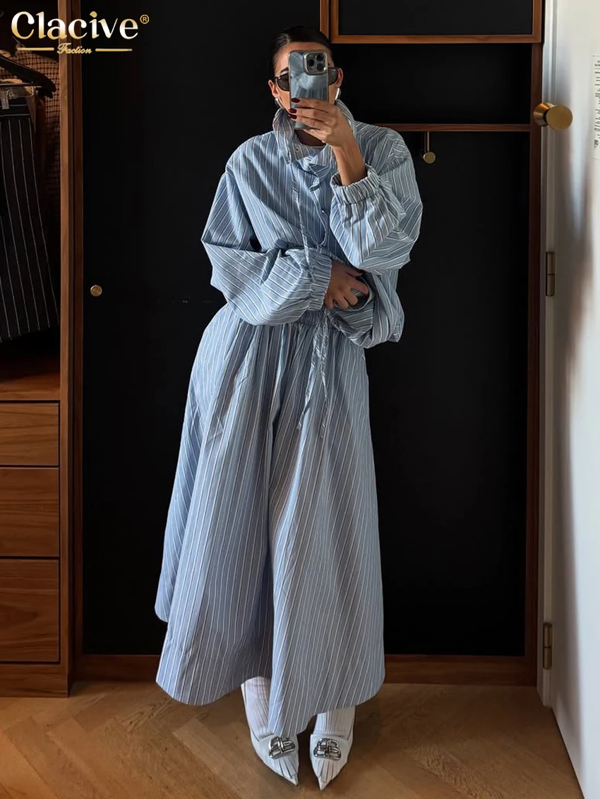 

Clacive Fashion Loose Stripe Print Set 2 Piece Woman Elegant Long Sleeve Shirt With High Waist Long Skirt Set Female Clothing