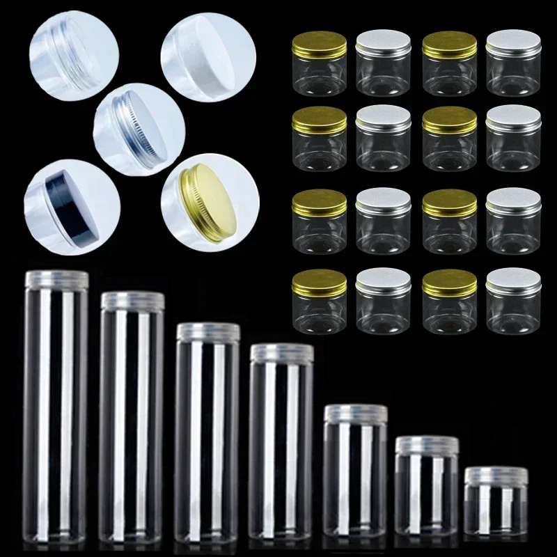 20Pcs 100ml-420ml Reusable Clear Plastic Jars Straight Cylinders Jar Containers W/ Aluminum Lids for Dry cargo Nuts Candy Jams