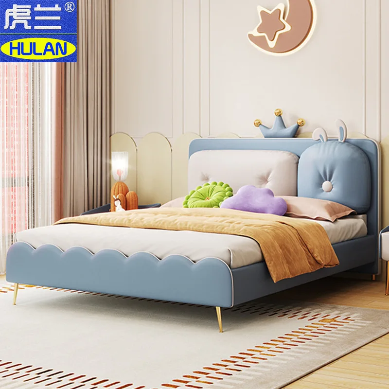 Children's furniture guardrail rabbit soft bag bed girl's bed anti-collision cream wind solid wood girl princess bed